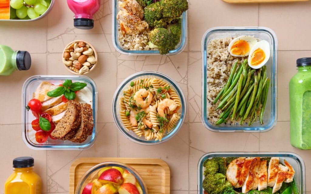 Mostram uma variedade de refeições saudáveis pré-preparadas e armazenadas em recipientes, além de lanches como frutas e castanhas, e bebidas. Elas destacam a praticidade e a organização para manter uma dieta equilibrada.