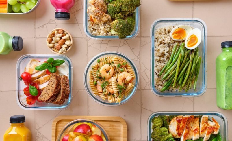 Mostram uma variedade de refeições saudáveis pré-preparadas e armazenadas em recipientes, além de lanches como frutas e castanhas, e bebidas. Elas destacam a praticidade e a organização para manter uma dieta equilibrada.