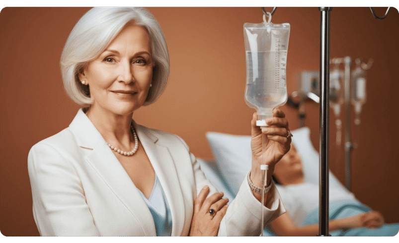 Profissional segurando bolsa de soro com paciente ao fundo em hospital.