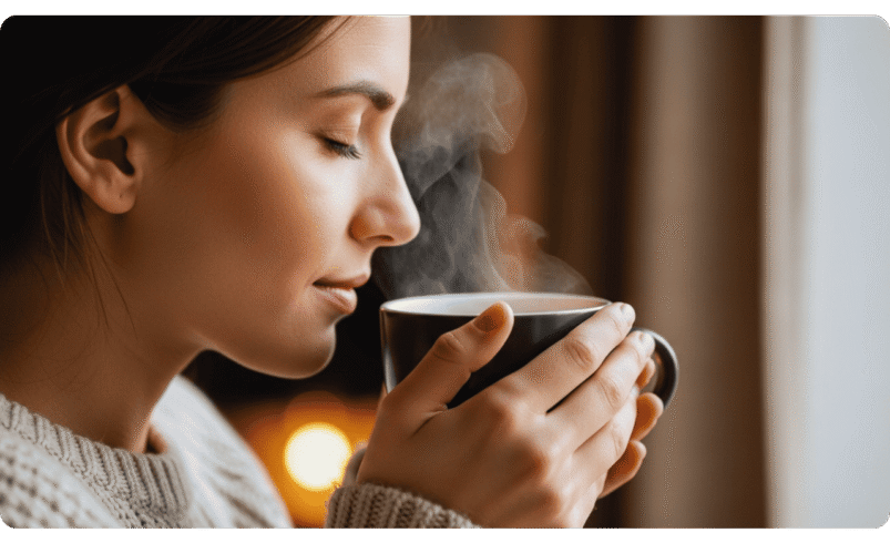 Mãos segurando uma xícara de bebida quente com vapor visível.