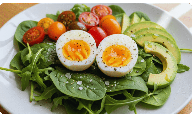Prato de salada com espinafre, tomates, ovos cozidos e abacate.