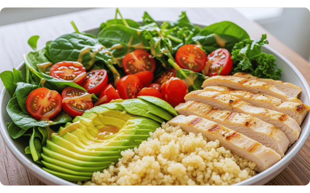 Tigela com quinoa, fatias de frango grelhado, abacate, tomate cereja e folhas verdes.