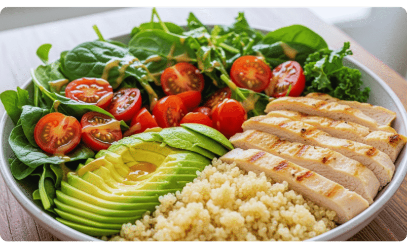 Tigela com quinoa, fatias de frango grelhado, abacate, tomate cereja e folhas verdes.