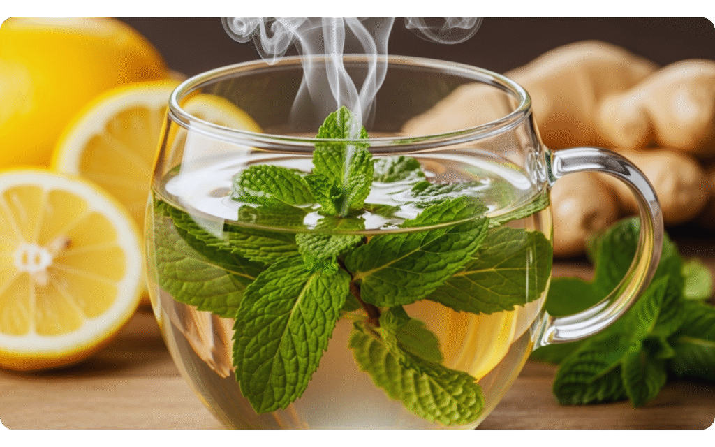 Xícara de chá transparente com hortelã fresca, limão e gengibre ao fundo.