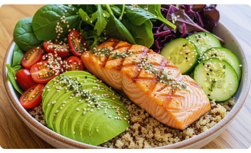 Tigela com salmão grelhado, abacate, tomate, folhas verdes e quinoa.
