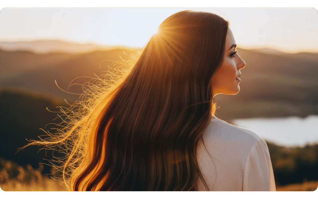 Pessoa de costas com cabelos longos iluminados pelo sol em cenário natural.