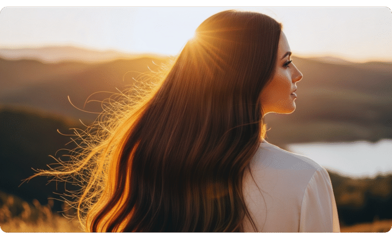 Pessoa de costas com cabelos longos iluminados pelo sol em cenário natural.