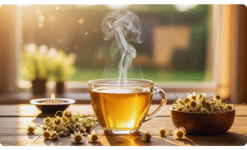 Xícara de chá quente de camomila com vapor subindo, decorada com flores e luz solar ao fundo.