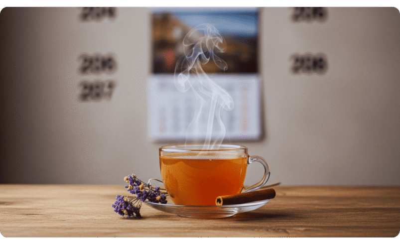 Xícara de chá fumegante com canela e lavanda sobre mesa de madeira.