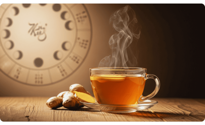 Copo de chá com gengibre sobre mesa de madeira e fundo astrológico.