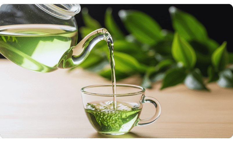 Bule de vidro servindo chá verde em uma xícara sobre mesa de madeira.