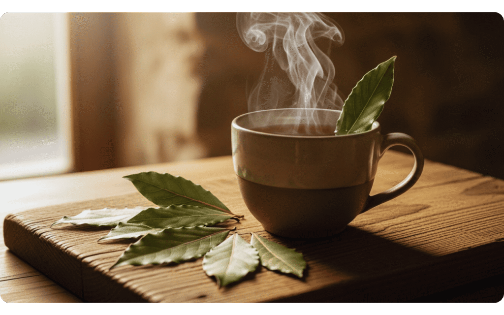 Chá de louro: folhas secas e xícara quente, ilustrando benefícios para a saúde.