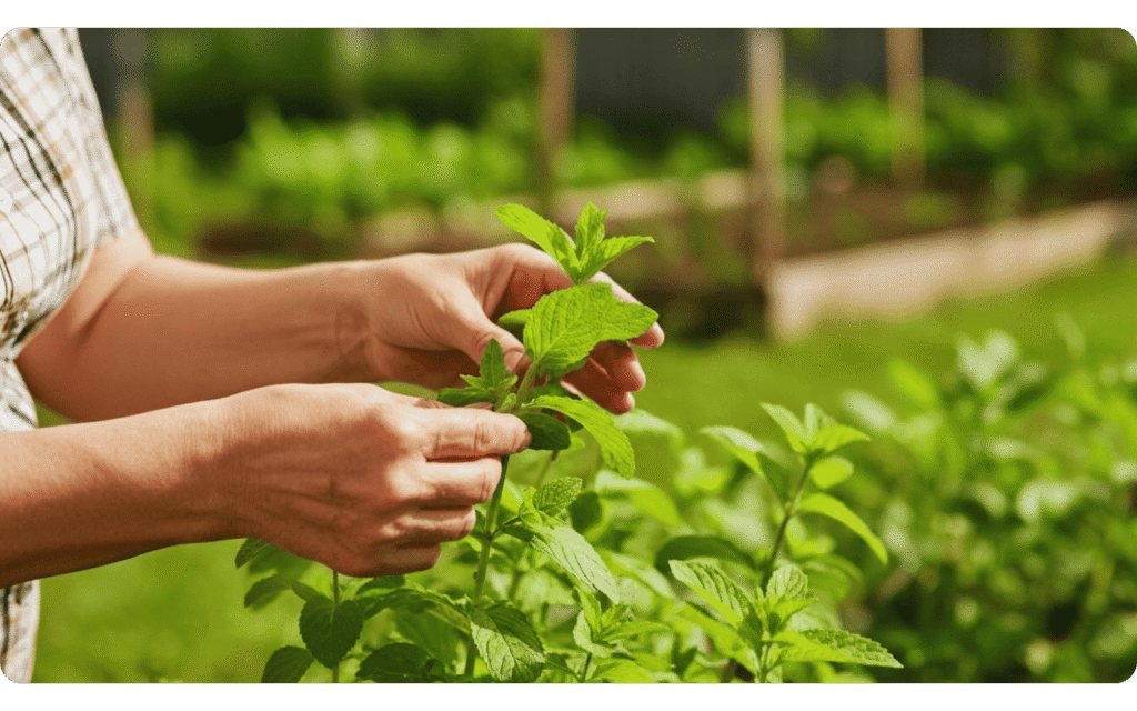 chá digestivo: mulher segurando ervas frescas