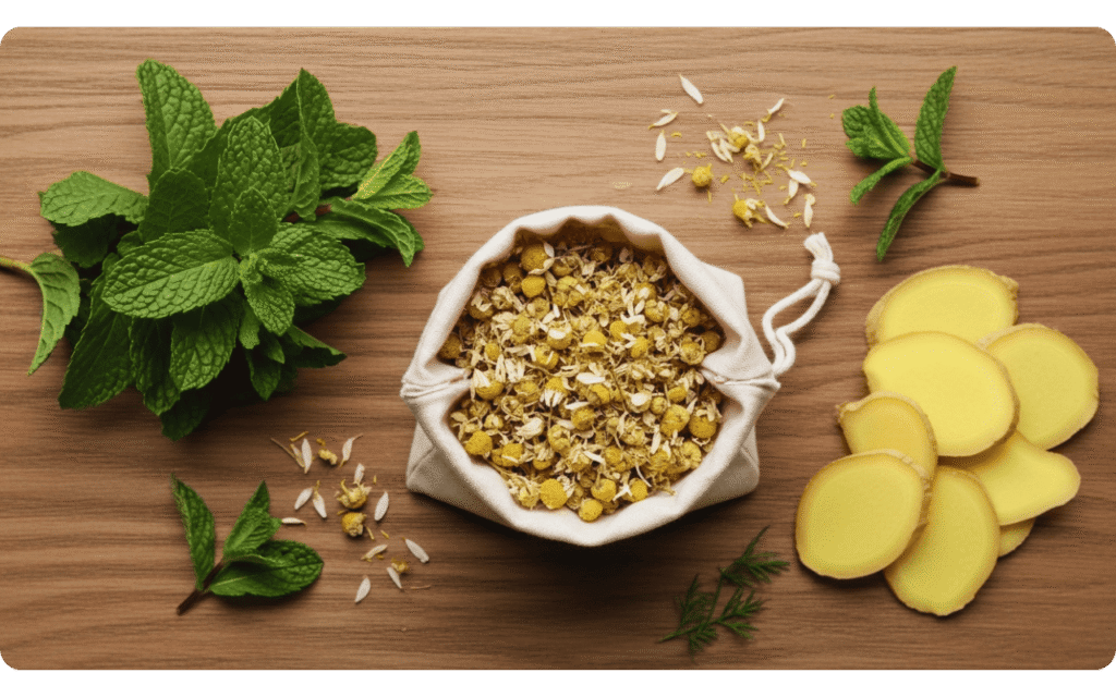 chá para dor de cabeça: camomila, hortelã e gengibre, ingredientes naturais.