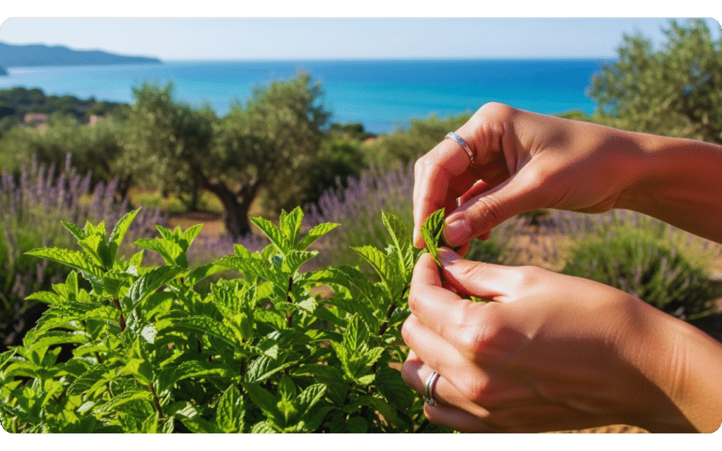 Chá para dor de estômago: ervas frescas colhidas para infusão.