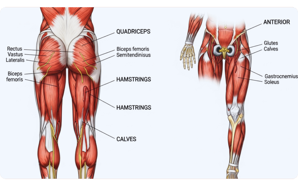 Exercícios para pernas: ilustração de músculos ativados durante os treinos.