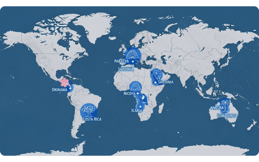 Mapa das Zonas Azuis ao redor do mundo