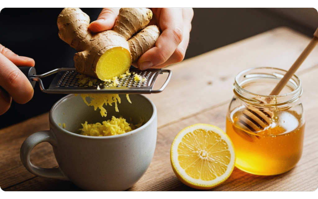 Imagem explicando a receita do chá de gengibre com limão, mostrando ingredientes e preparo com medidas detalhadas.