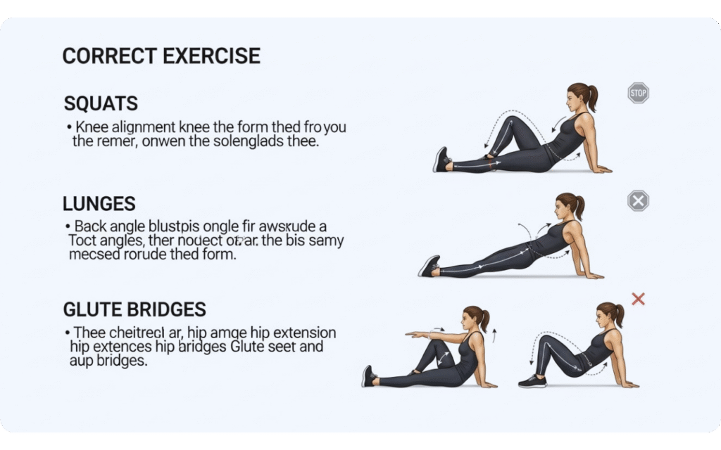 Exemplo de treino de agachamento e afundo em ambiente doméstico.
