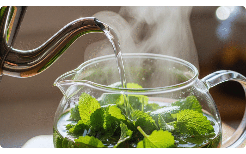 preparação do chá de erva-cidreira com folhas frescas