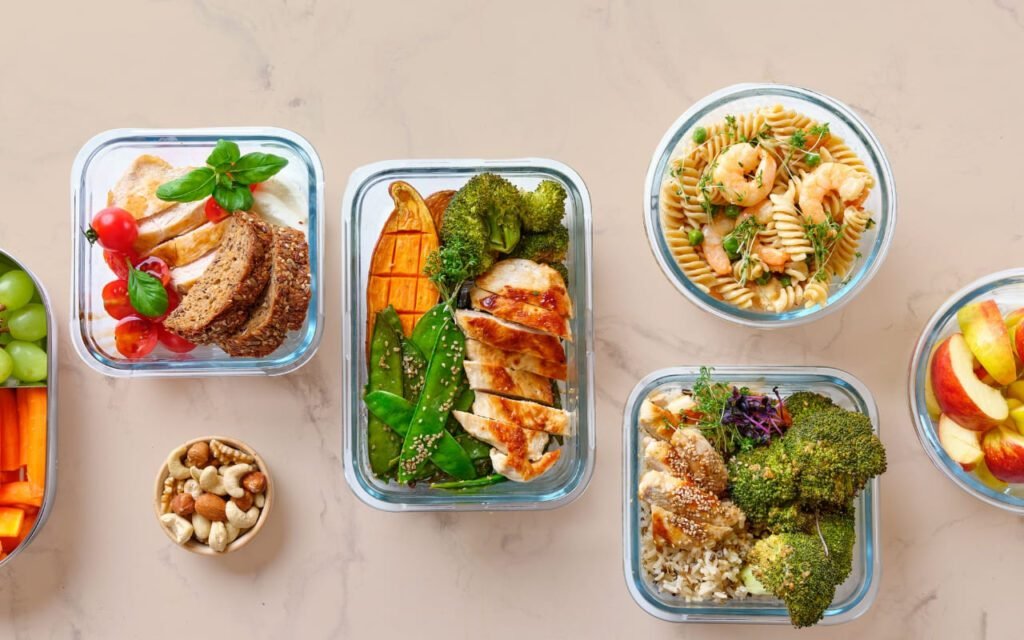 Mostram uma variedade de refeições saudáveis pré-preparadas e armazenadas em recipientes, além de lanches como frutas e castanhas, e bebidas. Elas destacam a praticidade e a organização para manter uma dieta equilibrada.