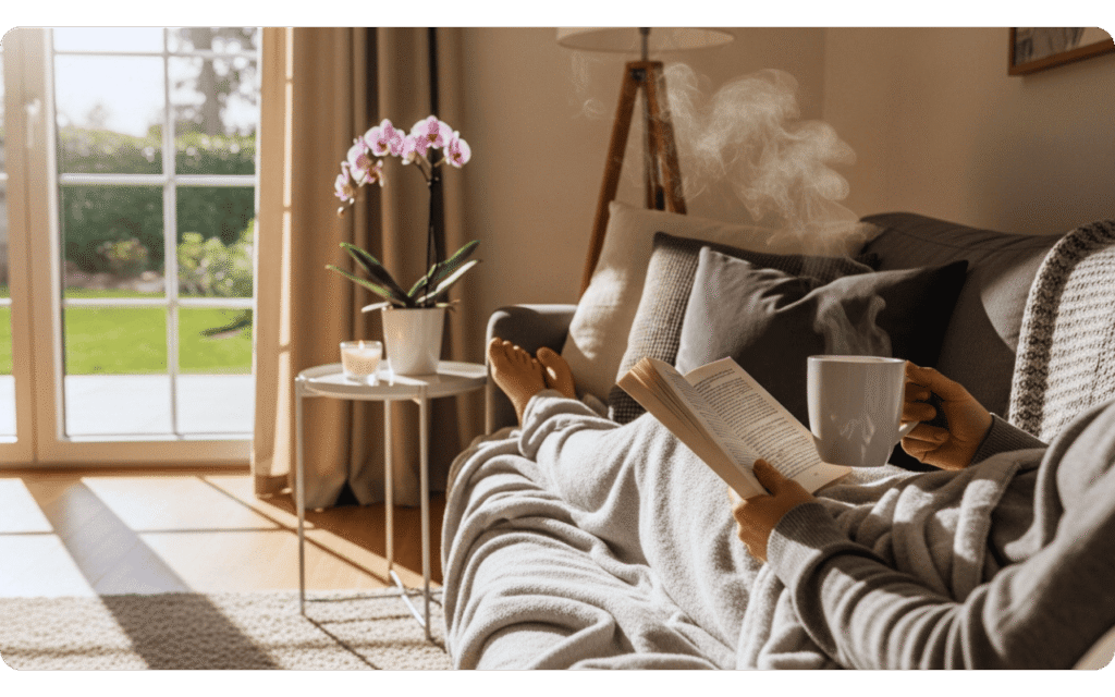 Pessoa coberta por manta lendo livro e segurando xícara em sala iluminada.