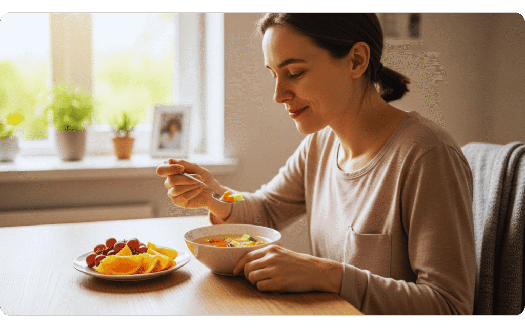 Paciente recuperado celebrando reintrodução alimentar pós-terapia parenteral.