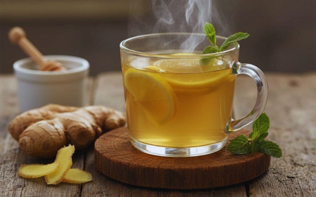 Copo de chá quente com gengibre, limão e folhas de hortelã sobre mesa rústica.