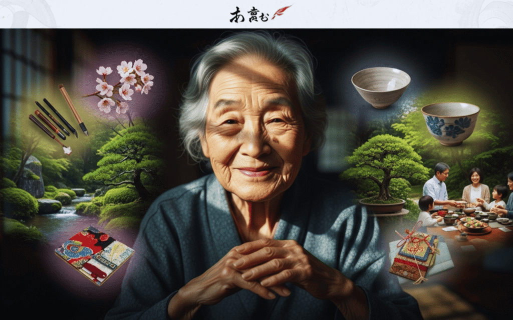 Montagem de elementos da cultura japonesa com jardim ao fundo.