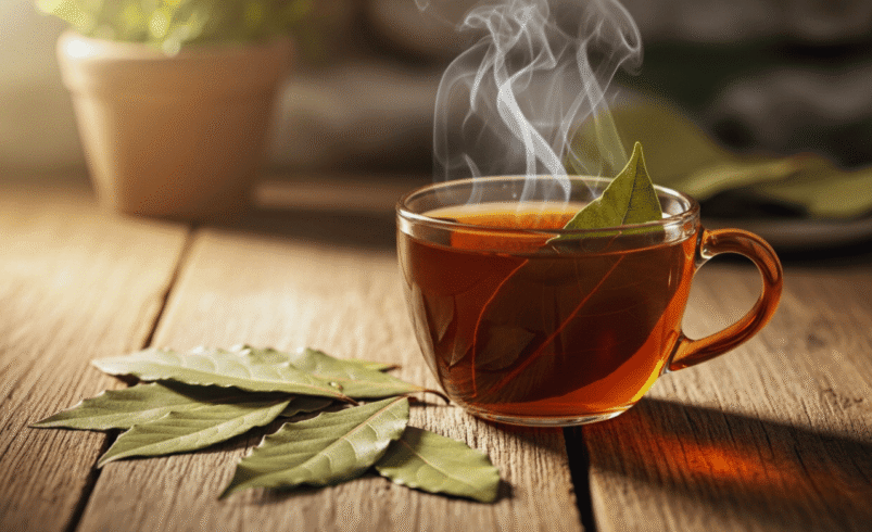 Xícara de chá de louro quente com folhas secas ao lado, ilustrando para que serve a infusão.