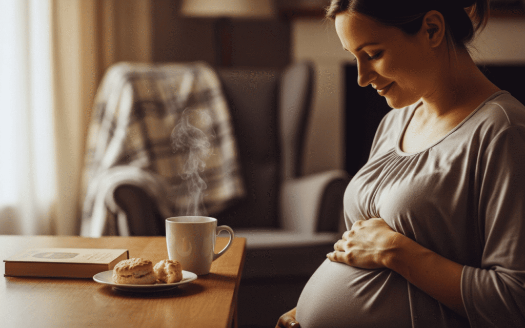 Mulher grávida sentada em ambiente confortável com chá e biscoitos na mesa.