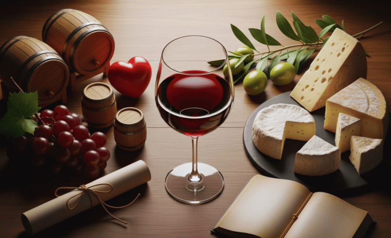 Mesa com um copo de vinho, queijos, uvas, barris e decoração rústica.