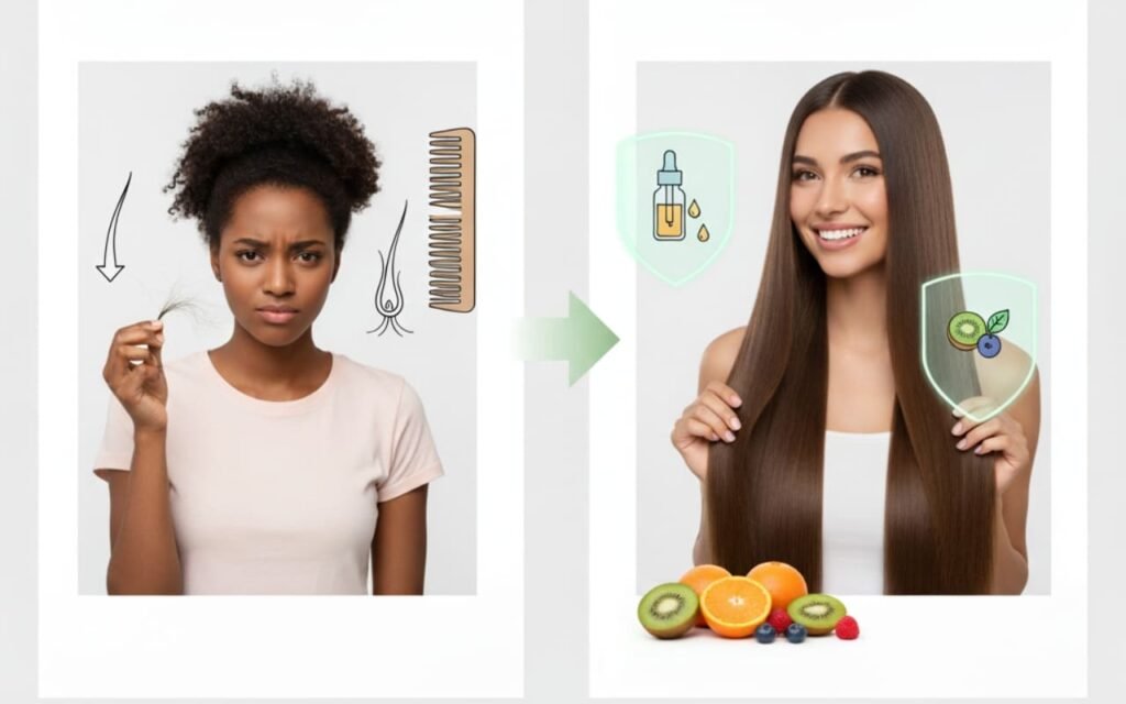 Transformação capilar comparando cabelo danificado e saudável com frutas e óleos.