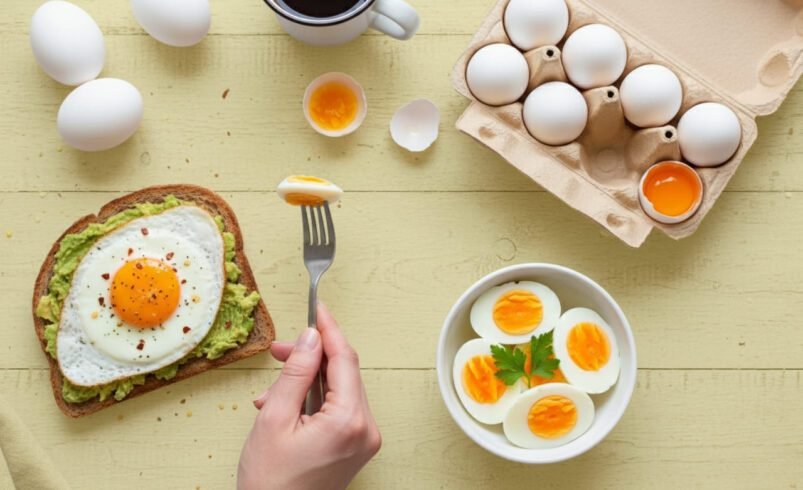Mesa com torrada de abacate e ovo frito, ovos cozidos e uma caixa de ovos.
