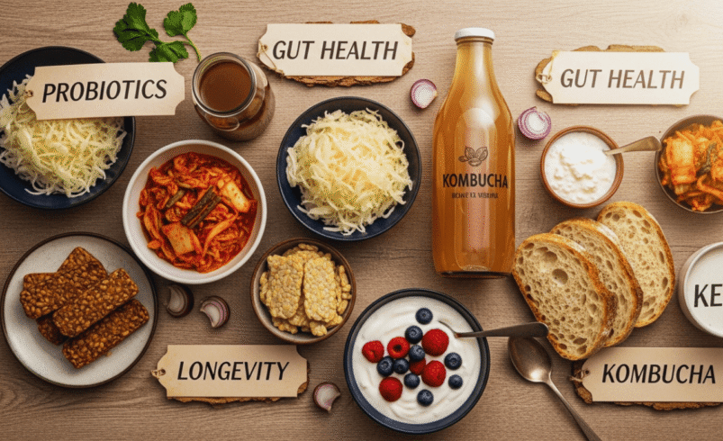 Mesa com kombucha, kimchi, pão e alimentos probióticos para saúde.