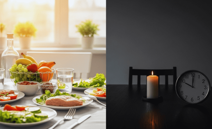 Mesa com alimentos frescos à luz do dia e mesa escura com vela acesa.