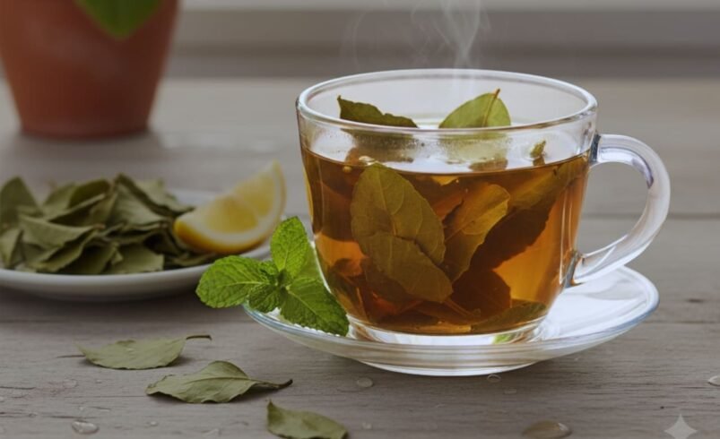 Xícara de vidro com chá quente e folhas, ao lado de prato com limão e folhas.