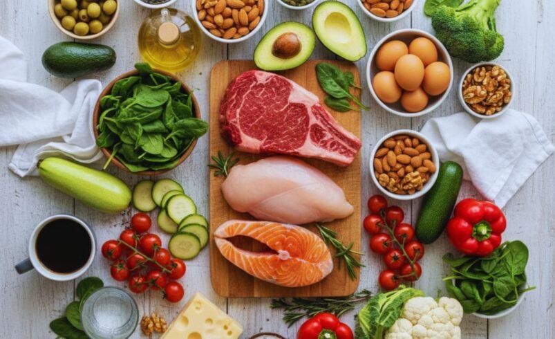 Mesa com carnes, vegetais, ovos e nozes dispostos para preparo saudável.