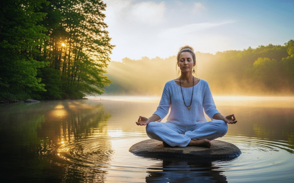 Meditação para Iniciantes: Práticas Diárias Simples 2 Pessoa meditando em pedra sobre lago com árvores e luz do nascer do sol.