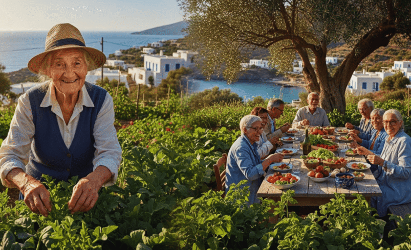 Grupo reunido para um jantar ao ar livre com paisagem praiana ao fundo.