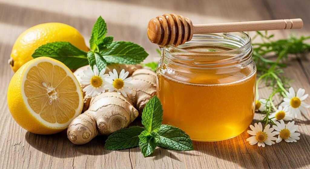 Jarro de mel com limão, gengibre, hortelã e flores sobre mesa.