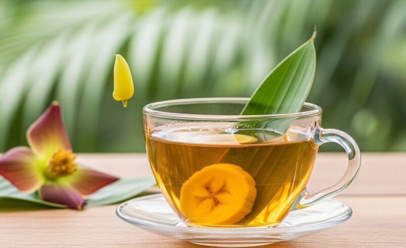 Xícara de chá com fatia de banana e flores tropicais ao fundo.