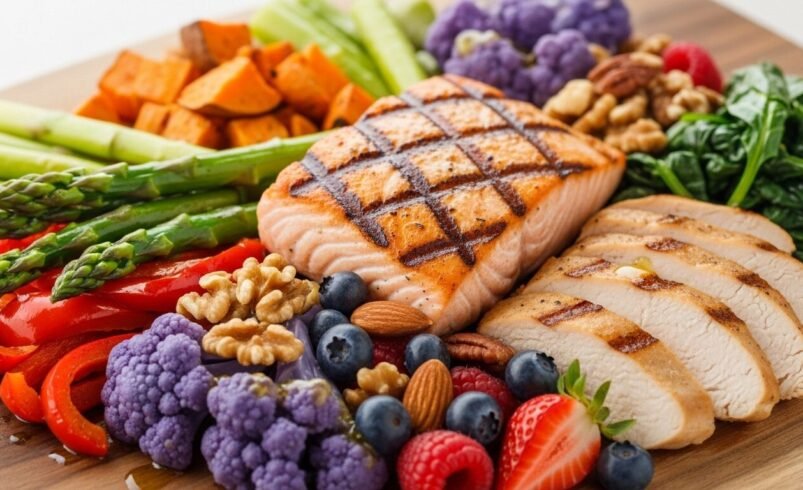 Prato com salmão grelhado, frango, vegetais e frutas variadas.