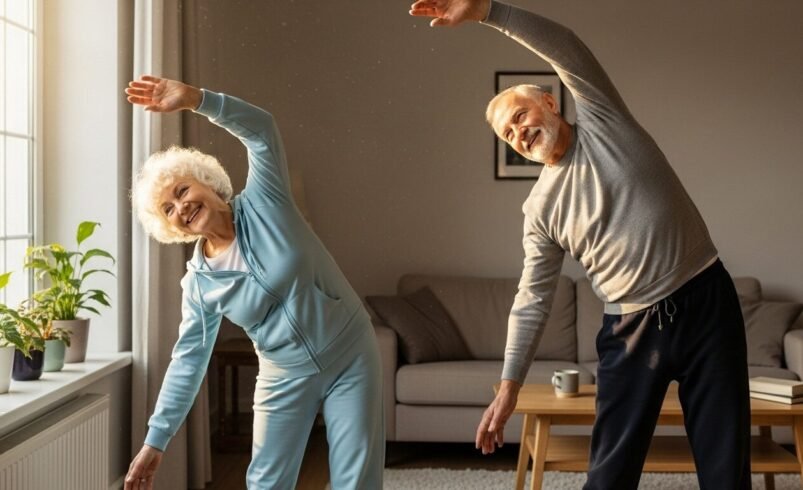 Duas pessoas realizando alongamento lateral em uma sala iluminada.