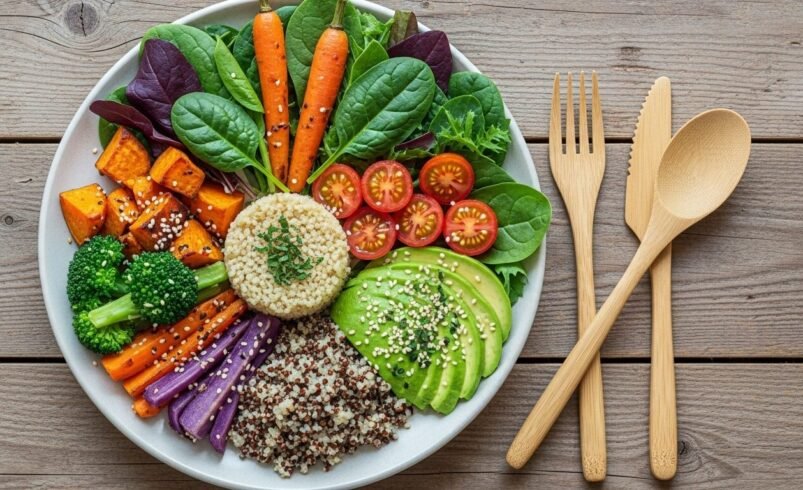 Salada com legumes, quinoa, abacate e talheres de madeira sobre mesa de madeira.