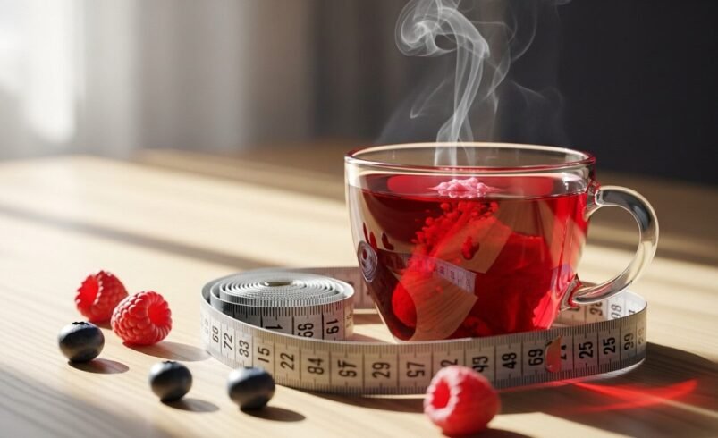 Copo de chá vermelho cercado por framboesas, fita métrica e luz suave.