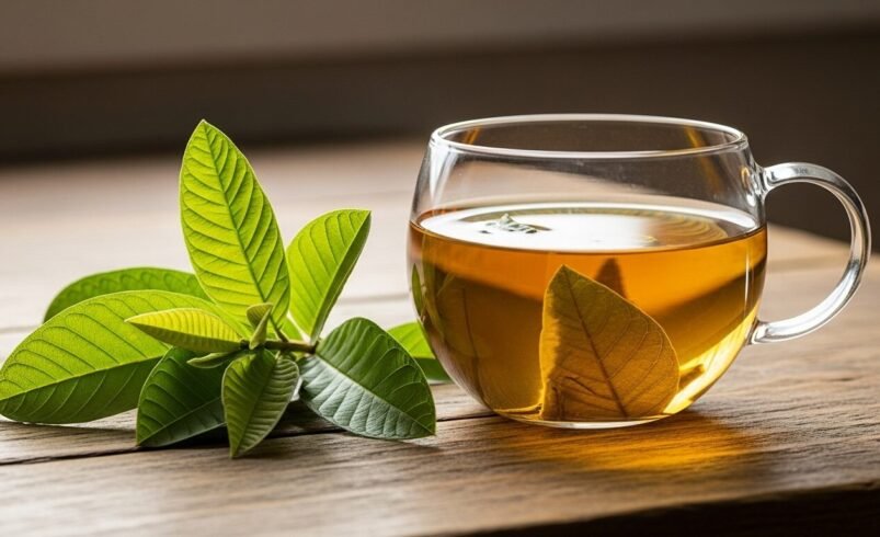 Xícara de vidro com chá dourado e folhas verdes frescas ao lado.