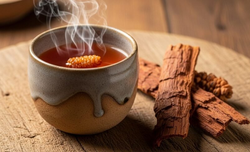 Xícara de chá fumegante ao lado de cascas de canela sobre uma mesa.