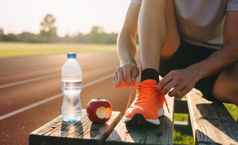 Pessoa amarrando o tênis em banco ao lado de maçã mordida e garrafa de água.