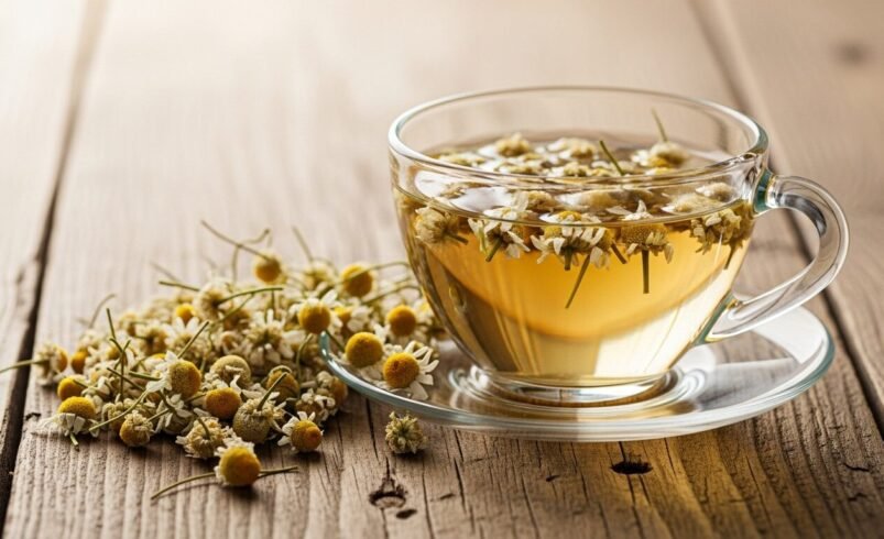 Xícara de vidro com chá de camomila e flores frescas de camomila ao lado na mesa de madeira.